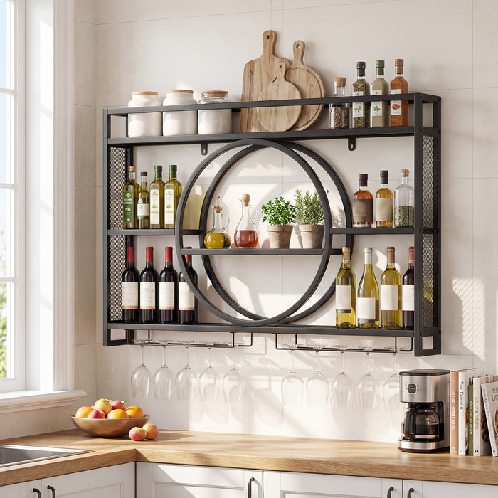 Wall Mounted Wine Rack 5-Tier Large Capacity Hanging Bar Shelf with Glass Holder-Black