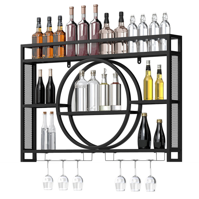 Wall Mounted Wine Rack 5-Tier Large Capacity Hanging Bar Shelf with Glass Holder-Black