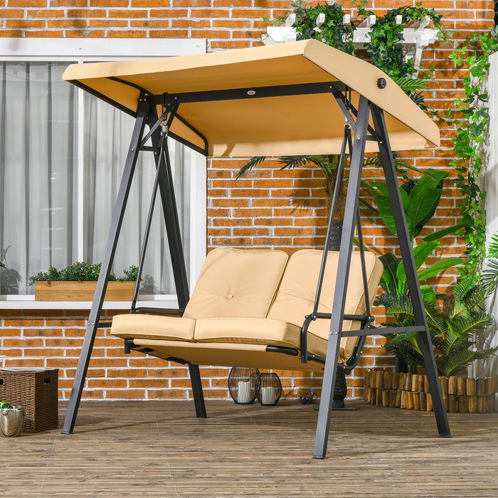Two-Person Patio Swing Chair with Telescoping Canopy - Comfortable Beige Outdoor Loveseat - Ideal for Deck, Garden, or Porch Lounging