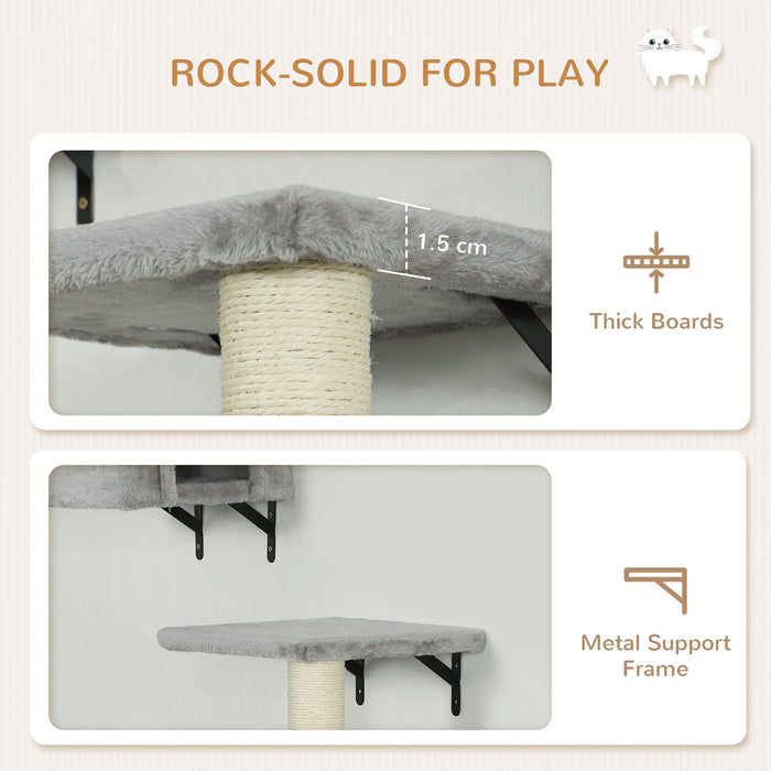 PawHut 6-Piece Cat Wall Shelves Set with Condo, Cat Wall Furniture with Platforms, Sisal Scratching Post, Bed, Toy Ball, Grey