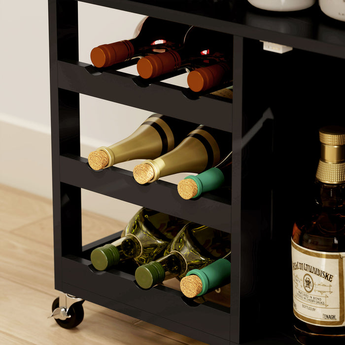 HOMCOM Modern Kitchen Trolley, Rolling Island Storage Cart with Drawer, 9-bottle Wine Rack, Door Cabinets, Black