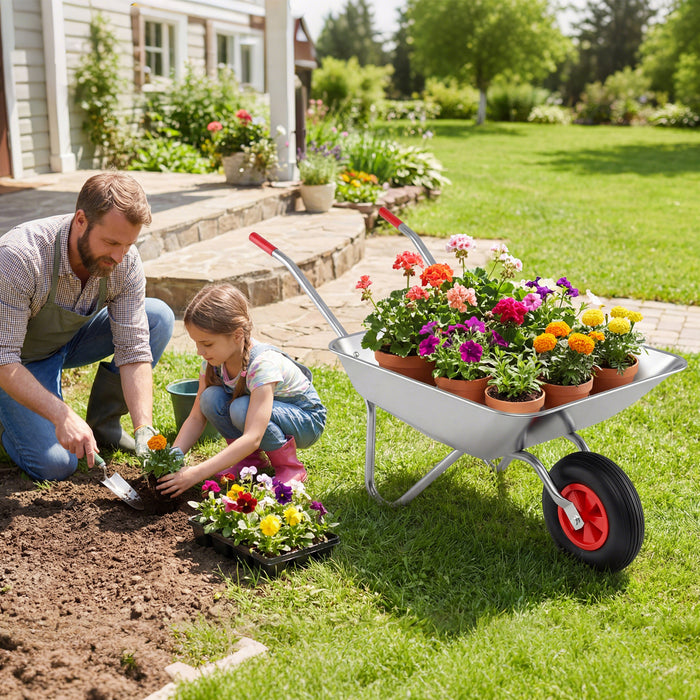 Wheelbarrow Cart 1-Wheel Garden Utility Cart with 2 Handlebars and Large Rubber Tire-