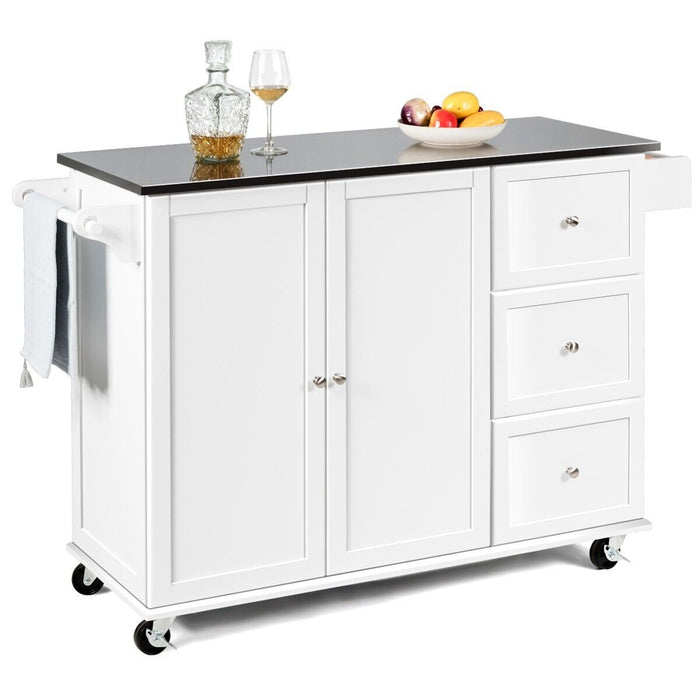 Kitchen Craft - 2-Door White Rolling Island Cart with 3 Drawers - Ideal Storage Solution for Your Kitchen
