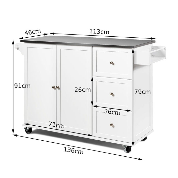 Kitchen Craft - 2-Door White Rolling Island Cart with 3 Drawers - Ideal Storage Solution for Your Kitchen