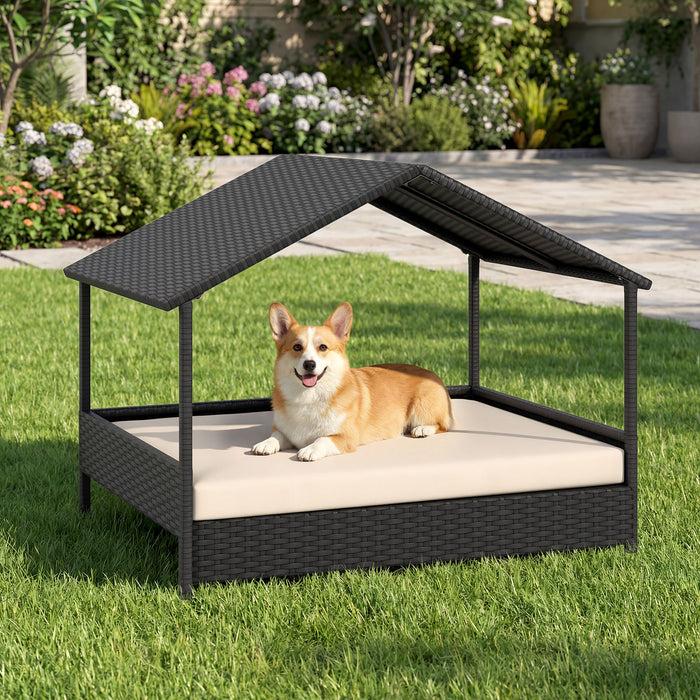 Wicker Dog House Outdoor Indoor with Canopy up to 60kg-