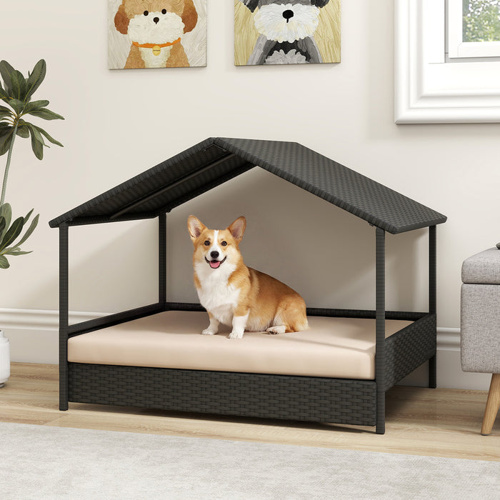 Wicker Dog House Outdoor Indoor with Canopy up to 60kg-