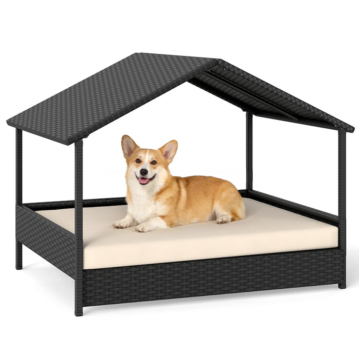 Wicker Dog House Outdoor Indoor with Canopy up to 60kg-