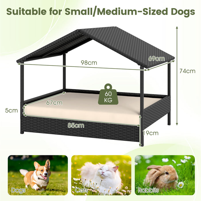 Wicker Dog House Outdoor Indoor with Canopy up to 60kg-