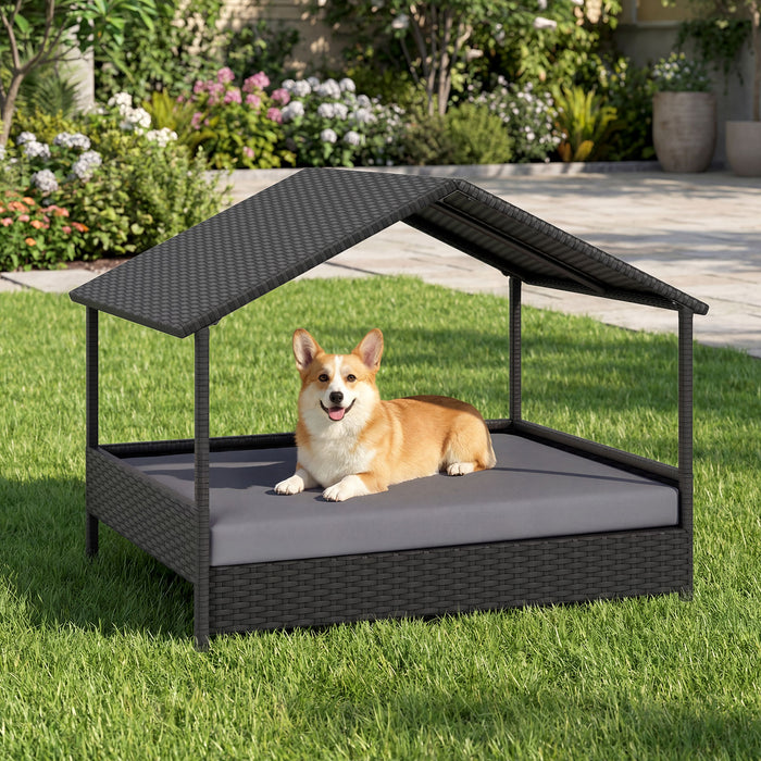 Wicker Dog House Outdoor Indoor with Canopy up to 60kg-