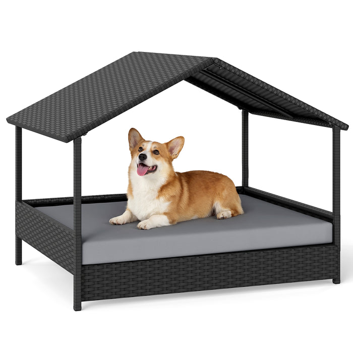Wicker Dog House Outdoor Indoor with Canopy up to 60kg-