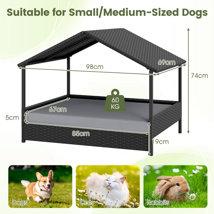 Wicker Dog House Outdoor Indoor with Canopy up to 60kg-
