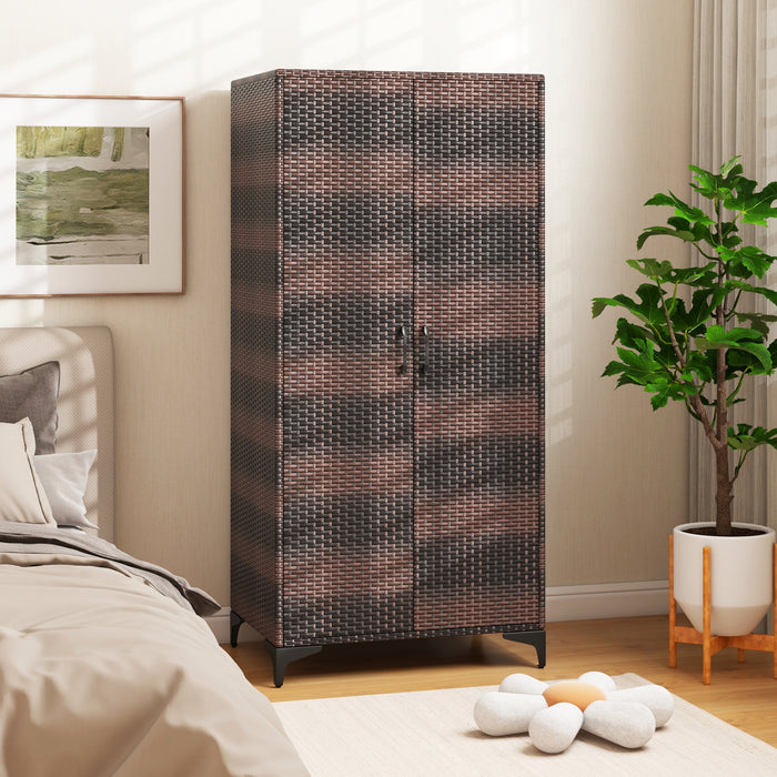 PE Rattan Wardrobe Armoire Closet with Hanging Rod and 4 Storage Cubes for Home Patio Garage-