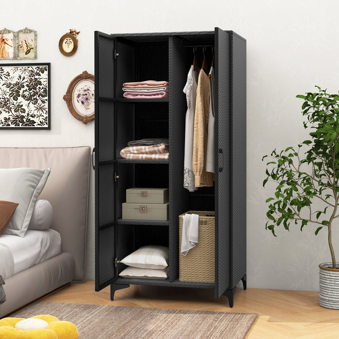 PE Rattan Wardrobe Armoire Closet with Hanging Rod and 4 Storage Cubes for Home Patio Garage-