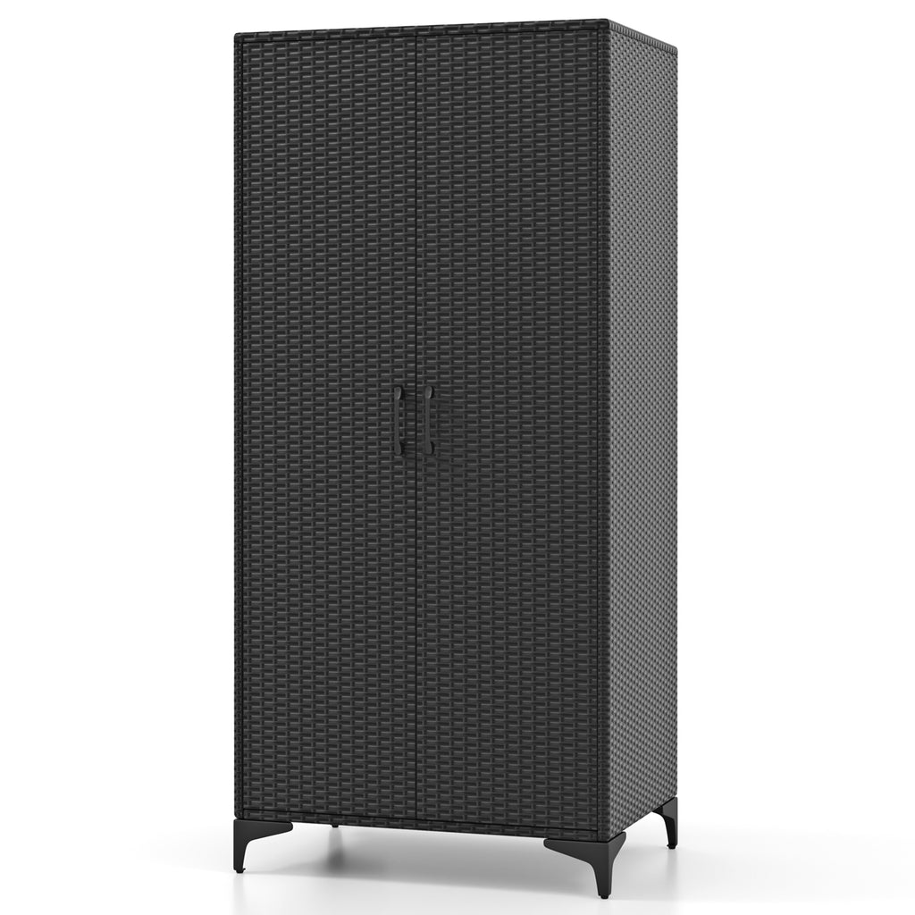 PE Rattan Wardrobe Armoire Closet with Hanging Rod and 4 Storage Cubes for Home Patio Garage-