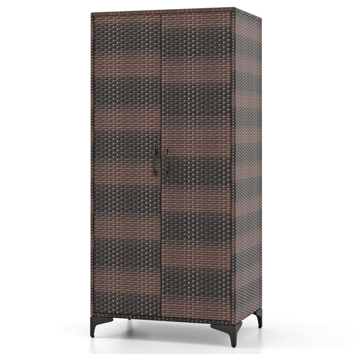 PE Rattan Wardrobe Armoire Closet with Hanging Rod and 4 Storage Cubes for Home Patio Garage-
