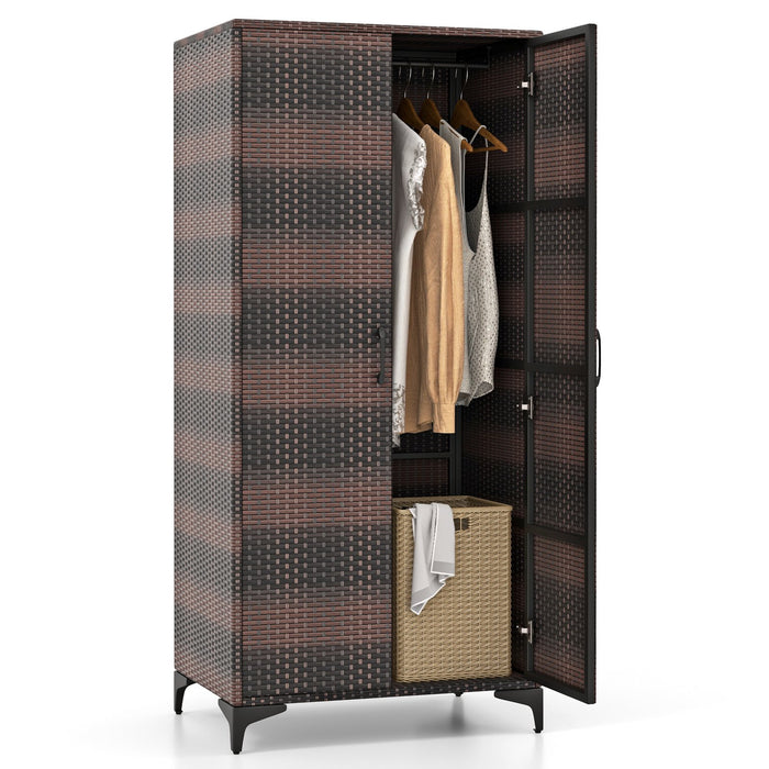 PE Rattan Wardrobe Armoire Closet with Hanging Rod and 4 Storage Cubes for Home Patio Garage-