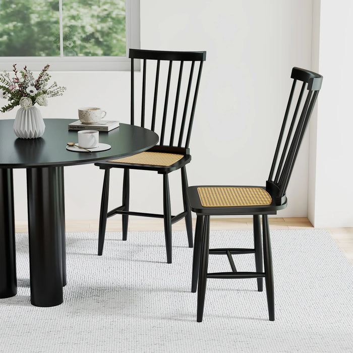 Windsor Dining Chair Set of 2 with Spindle Back and PE Rattan Seat for Kitchen-