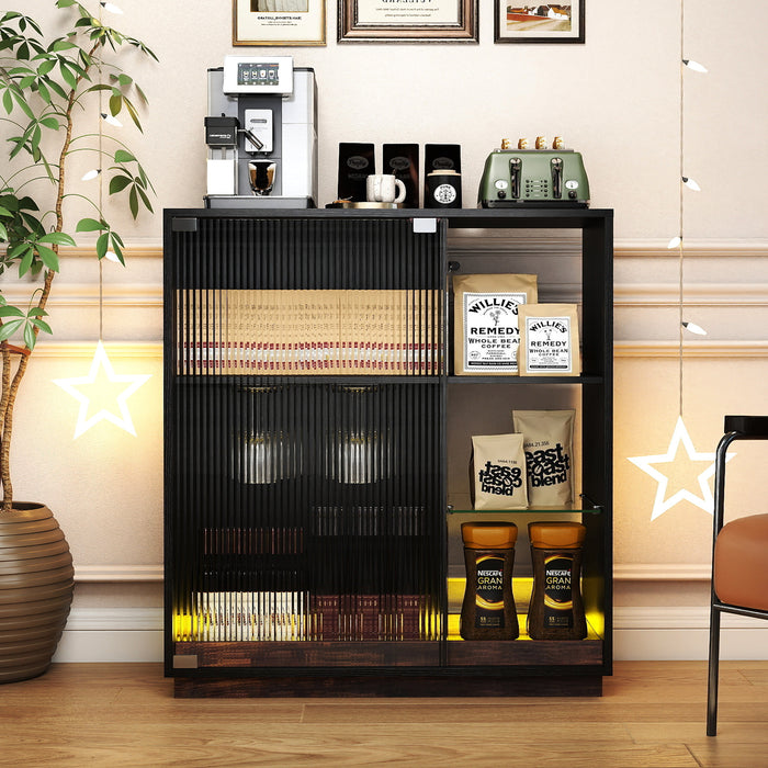 Wine Bar Cabinet with LED Lights & Glass Racks for Living Room Dining Room-Rustic Bown
