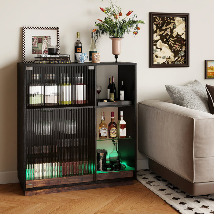 Wine Bar Cabinet with LED Lights & Glass Racks for Living Room Dining Room-Rustic Bown