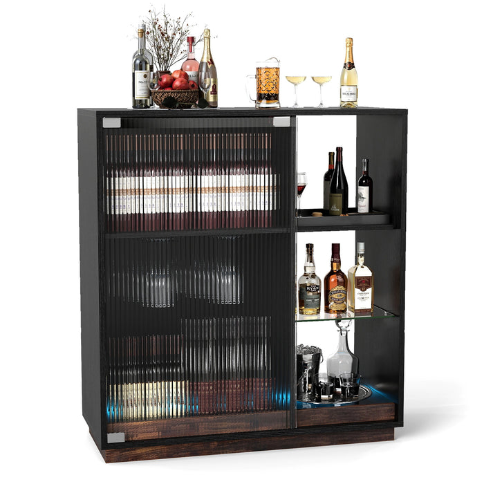 Wine Bar Cabinet with LED Lights & Glass Racks for Living Room Dining Room-Rustic Bown