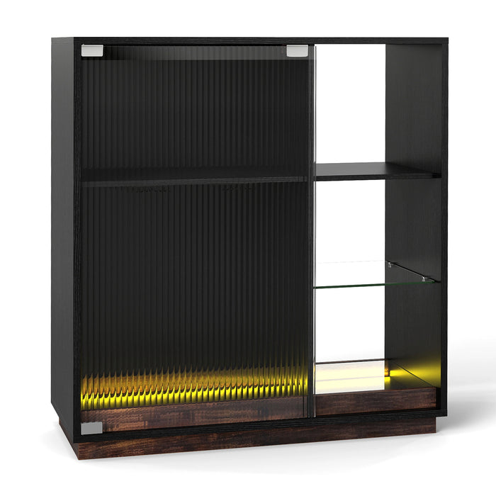 Wine Bar Cabinet with LED Lights & Glass Racks for Living Room Dining Room-Rustic Bown