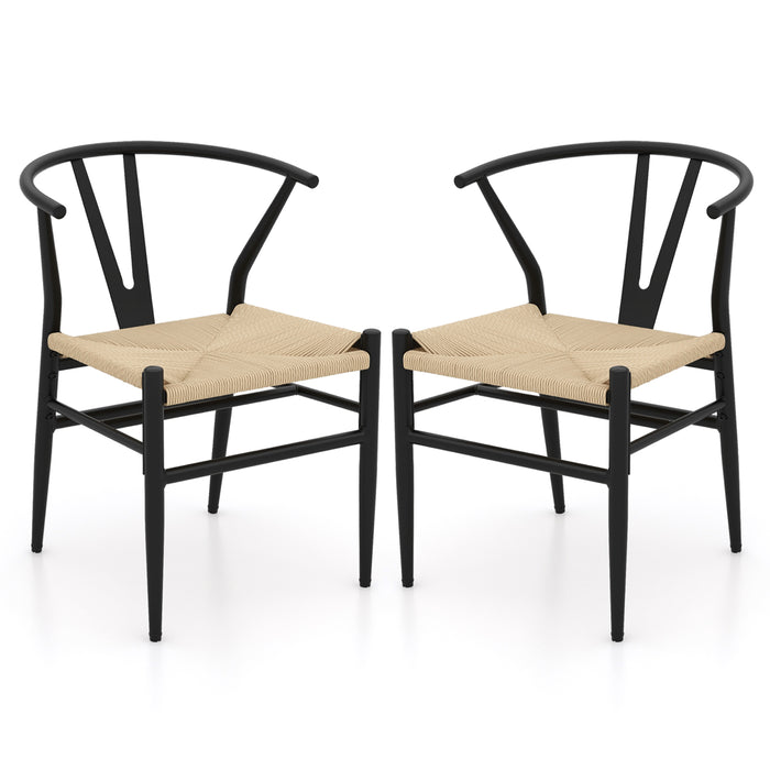 Wishbone Dining Chair Set of 2 with Y-Shaped Backrest and Woven Twine Seat-Beige