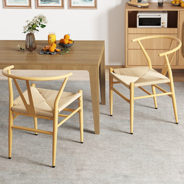 Wishbone Dining Chair Set of 2 with Y-Shaped Backrest and Woven Twine Seat-Beige