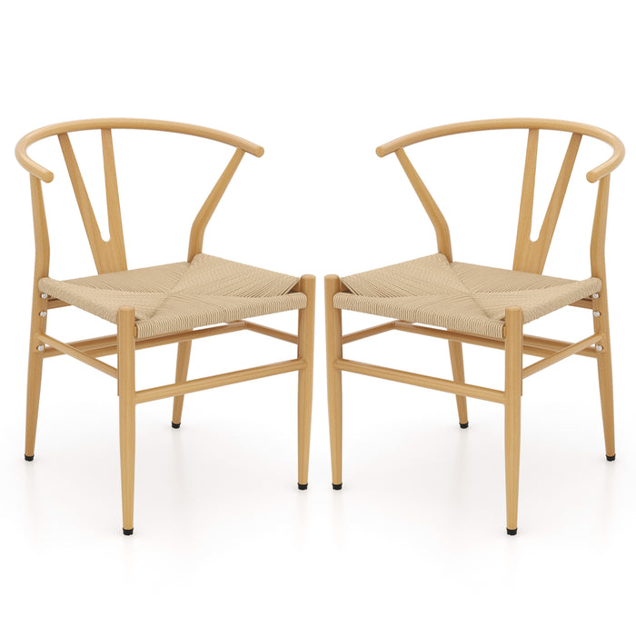 Wishbone Dining Chair Set of 2 with Y-Shaped Backrest and Woven Twine Seat-Beige