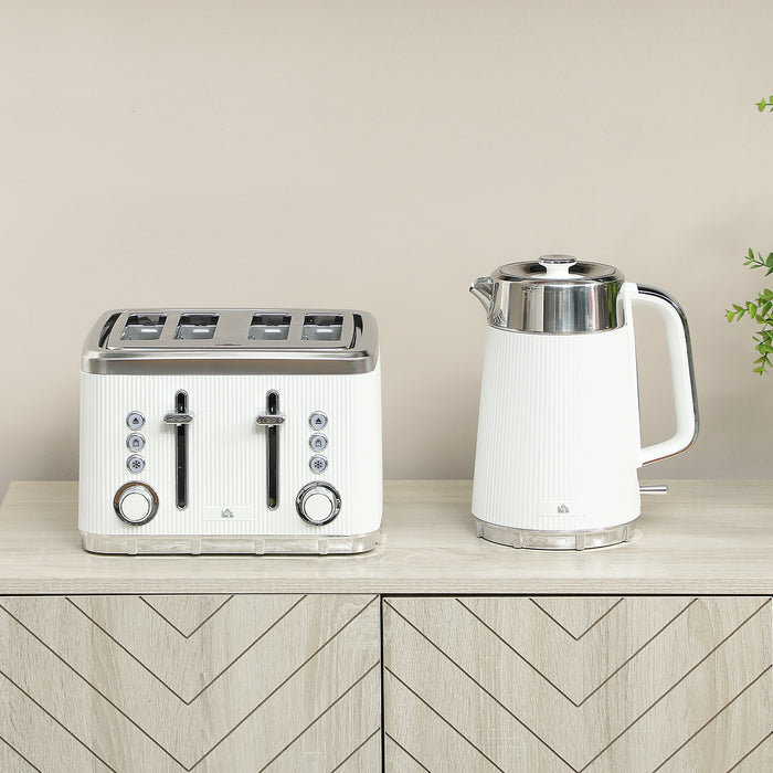 HOMCOM Electric Kettle and Toaster Set, 3000W 1.7L UK Strix Thermostat Rapid Boil Jug Kettle with Limescale Filter, Cool Touch Body, 4 Slice Toaster with 7 Browning Controls, Crumb Tray, White