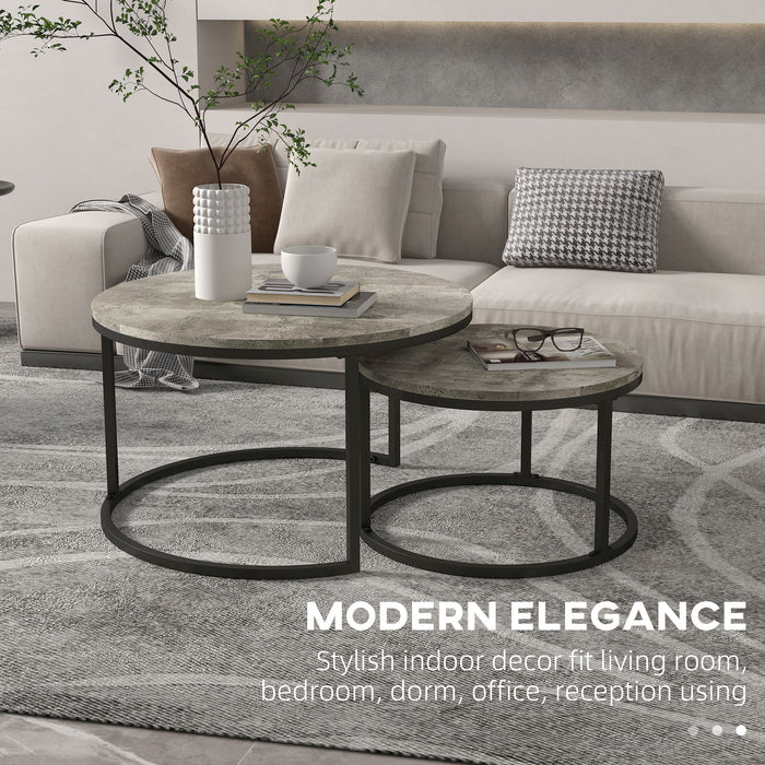 Round Nesting Coffee Table Duo - Faux Cement Finish with Robust Steel Frame - Ideal for Living Room Space Optimization