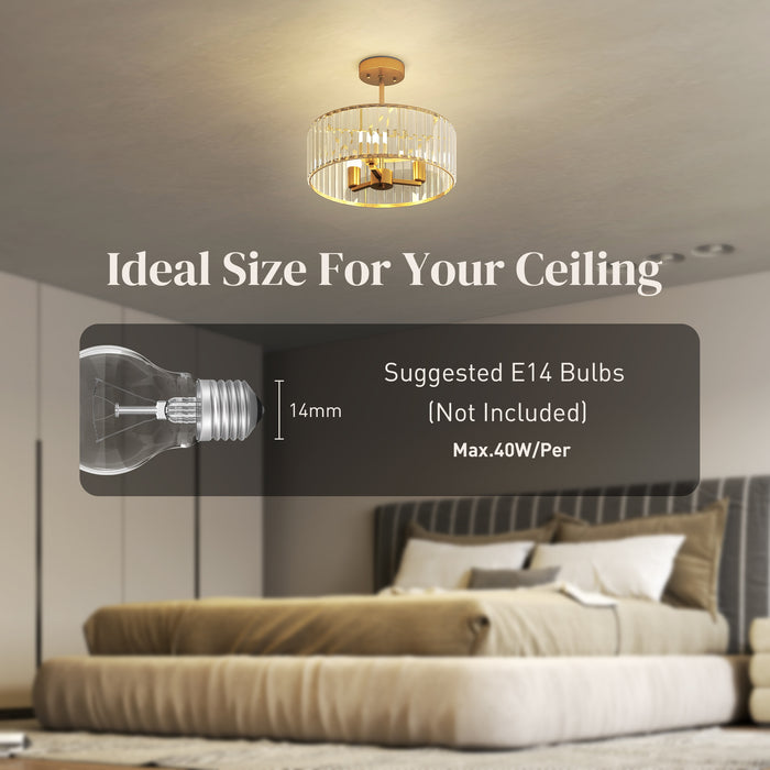 HOMCOM Crystal Ceiling Light Fixture, Semi Flush Mount Modern Crystal Chandelier Ceiling Light for Living Room, Bedroom, Hallway,  Dining Room, E14 Base 3-Lights, Gold Tone