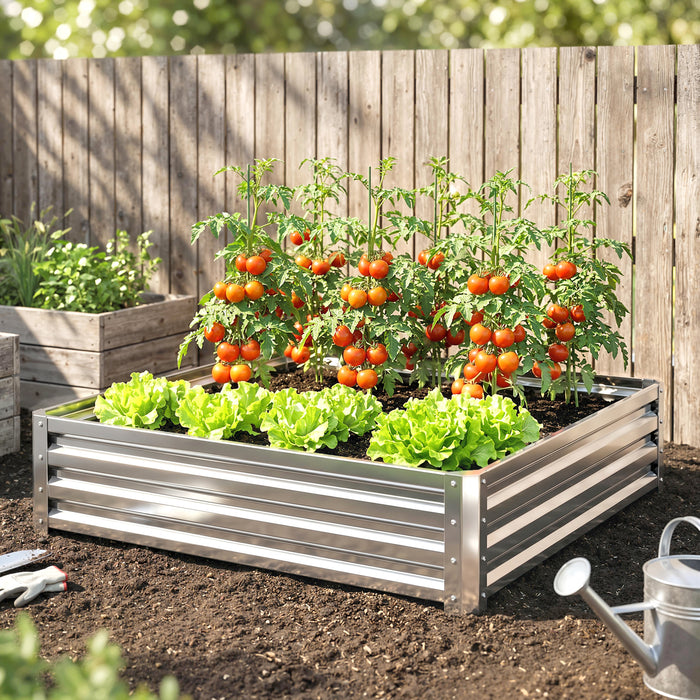 Outsunny Square Raised Garden Bed Box with Weatherized Steel Frame for Vegetables, Flowers, & Herbs, 120 x 120 x 30cm, Silver Tone