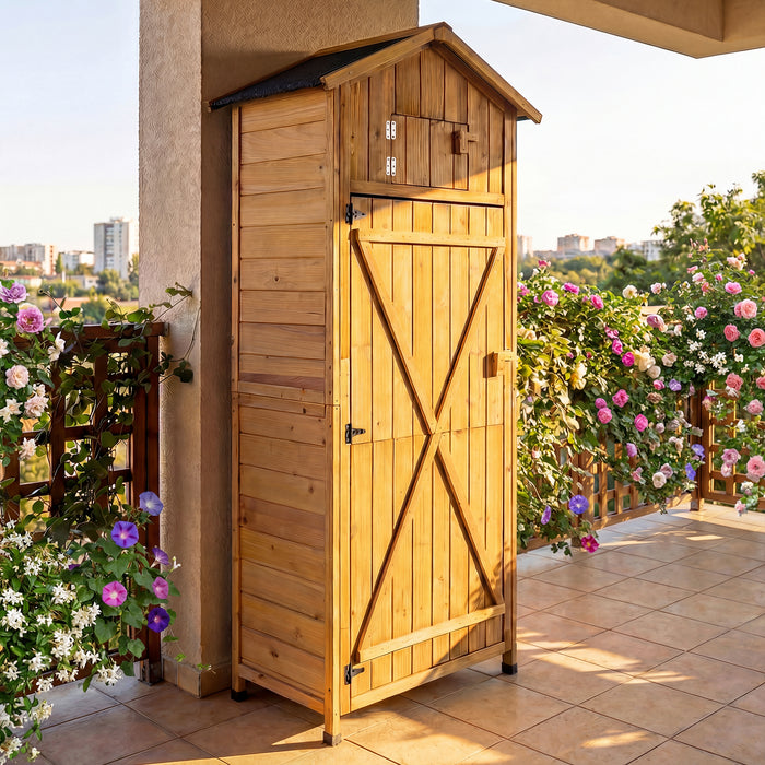 Wood Garden Storage Shed Outdoor Storage Cabinet with Lockable Barn Door-