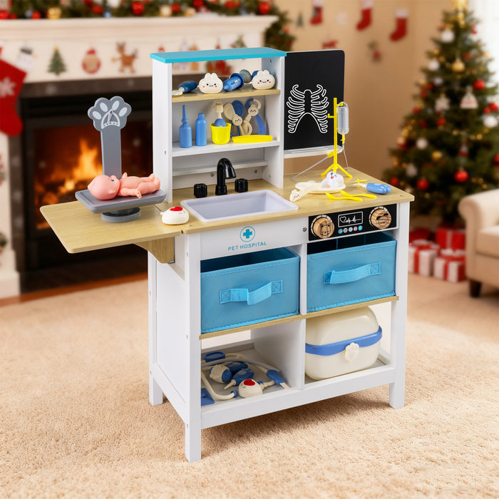 Wood Medical Center Toy Set with Blackboard and Pet Scale for Boys Girls-
