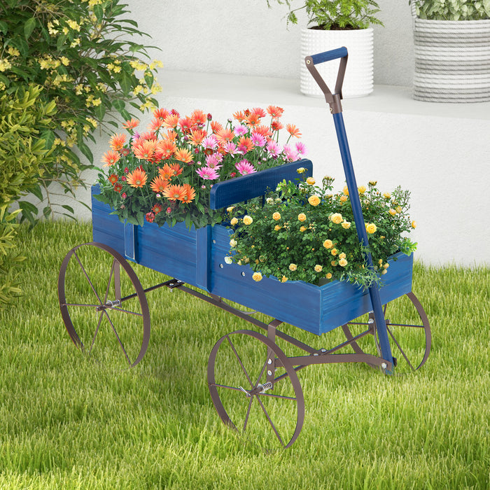 Wooden Wagon Inspired Planter - Blue Flower Bed on Wheels with Dual Planting Sections - Ideal for Garden Enthusiasts and Outdoor Decor Enthusiasts