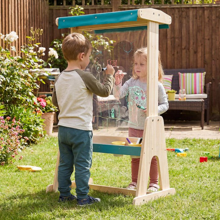 Wooden Art Easel for Kids with Transparent Board Paint Cups for Indoor Outdoor-