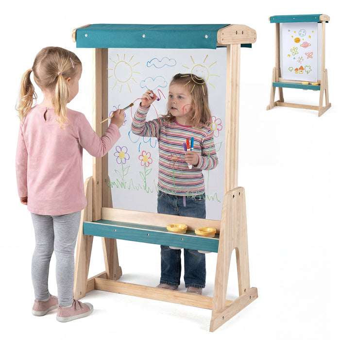 Wooden Art Easel for Kids with Transparent Board Paint Cups for Indoor Outdoor-