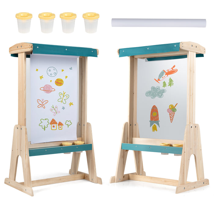 Wooden Art Easel for Kids with Transparent Board Paint Cups for Indoor Outdoor-