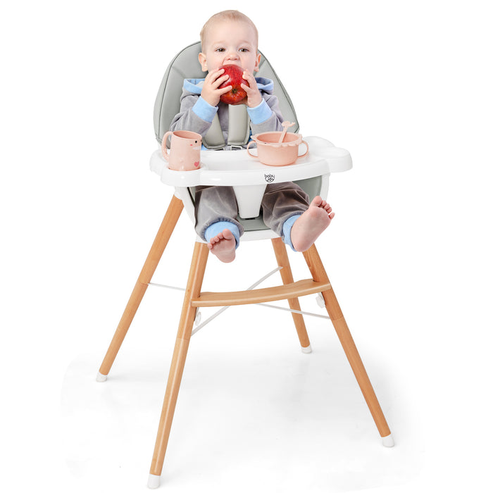 Wooden Baby Infant High chair Adjustable Double Tray with 5-Point Harness and Comfortable Footrest-