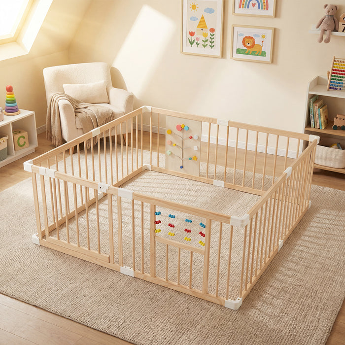 Wooden Baby Playpen Adjustable Multi-Shape Large Play Yard for Infants and Toddlers-