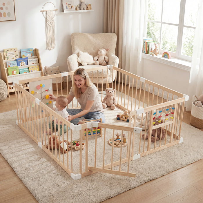 Wooden Baby Playpen Adjustable Multi-Shape Large Play Yard for Infants and Toddlers-