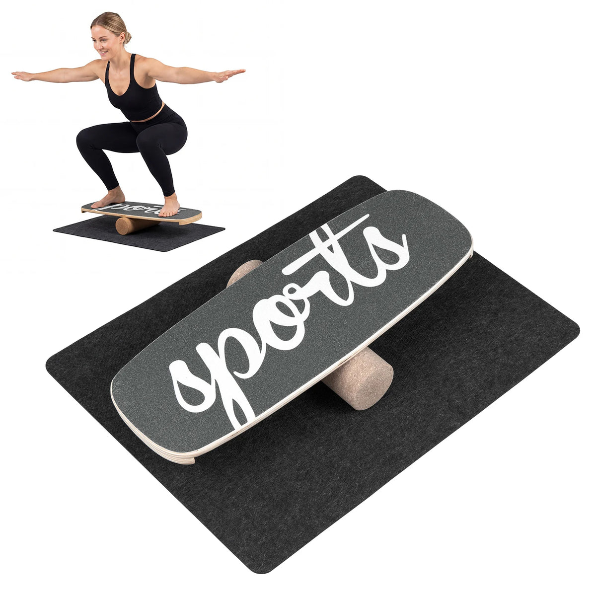 Wooden Balance Board Trainer with Cork Roller Stoppers Felt Mat-