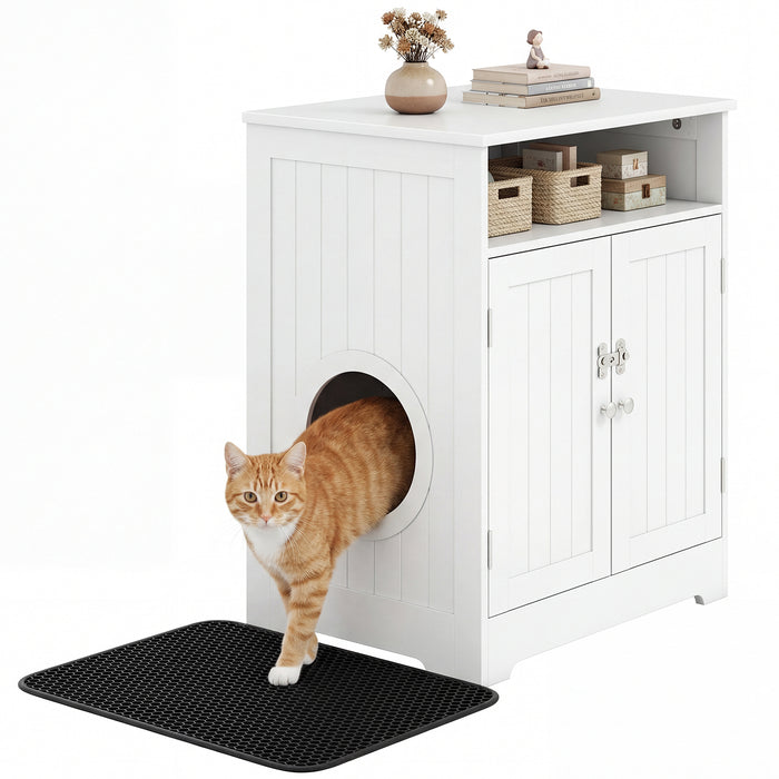 Wooden Cat Litter Box Enclosure Hidden Cat Washroom Furniture with Easy Cleaning Litter Mat-