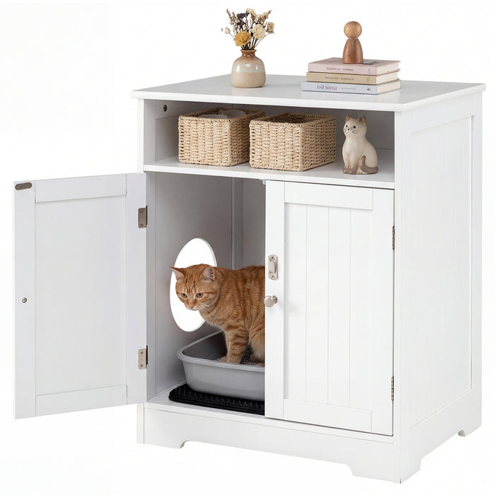 Wooden Cat Litter Box Enclosure Hidden Cat Washroom Furniture with Easy Cleaning Litter Mat-