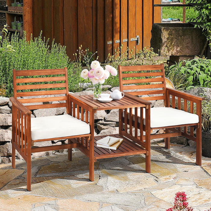 Wooden Companion Seat with Upper and Lower Table and Umbrella Hole-