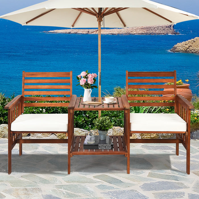 Wooden Companion Seat with Upper and Lower Table and Umbrella Hole-