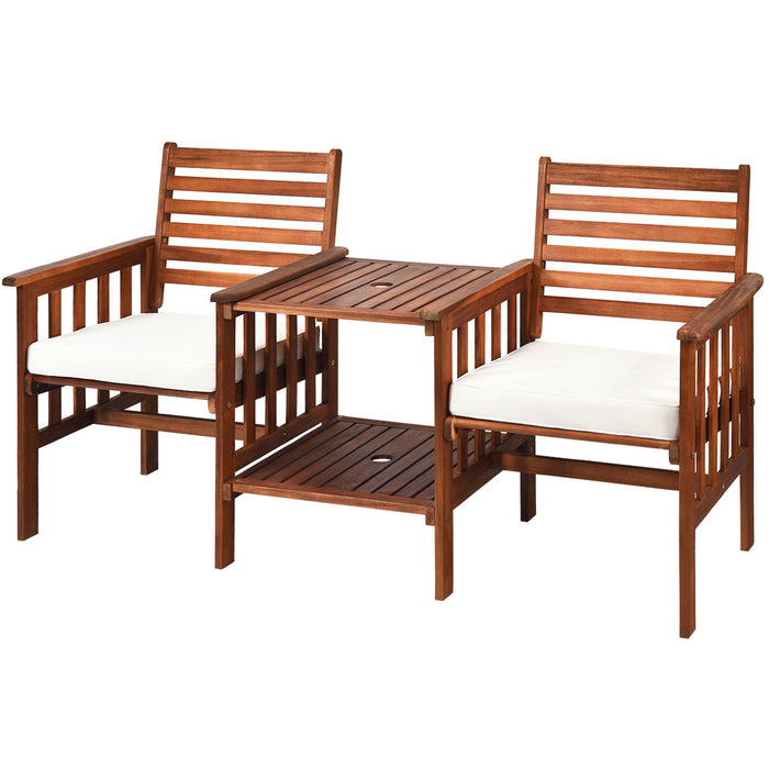 Wooden Companion Seat with Upper and Lower Table and Umbrella Hole-
