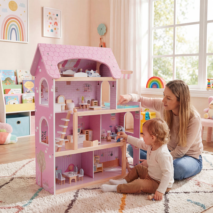 Wooden Dollhouse with 33 PCS Furniture Accessories for Girls and Boys-