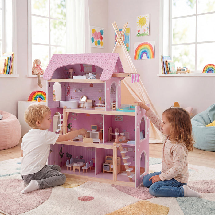 Wooden Dollhouse with 33 PCS Furniture Accessories for Girls and Boys-