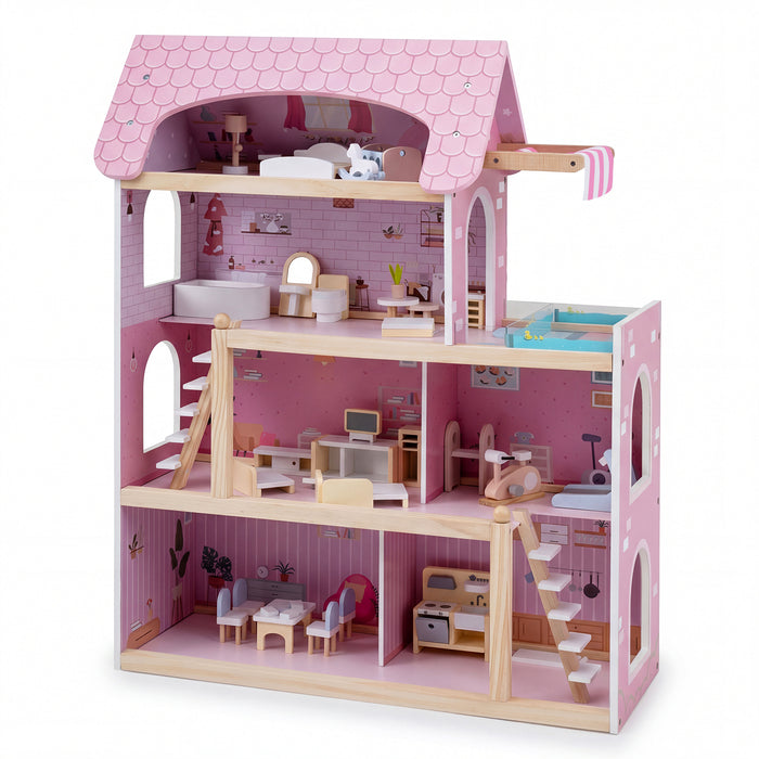 Wooden Dollhouse with 33 PCS Furniture Accessories for Girls and Boys-